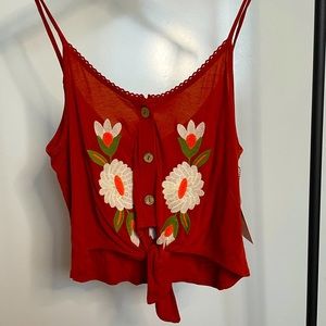 Embroidered Floral Tie Front Tank Top